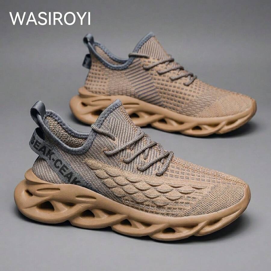 WASIROYI Men's Lightweight Bounce-Back Non-Slip Running Shoes, Breathable Knit Casual Sports Shoes, Plus Size Road Running Shoes, Striped Lace-Up Vamp Design Wear-Resistant MD Sole, Campus All Season, Lightweight Comfortable Shock-Absorbing Sports Shoes - màu nâu - Xem 1