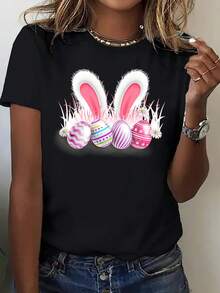 New Arrival,Women's easter Bunny egg Print Casual T-Shirt Soft,Round Neck, Sporty & Stretchy with Pink and White Graphics,Best Gift for you - Negro - Ver 1