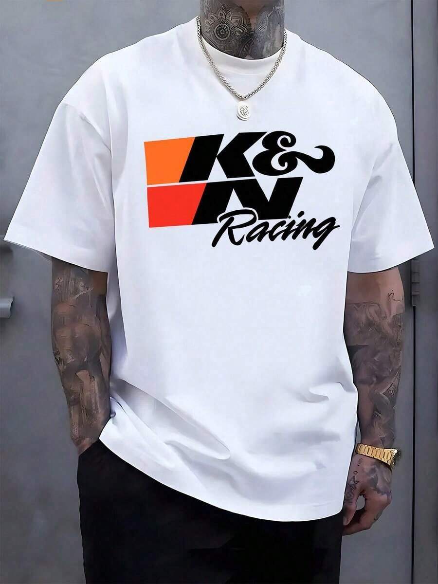 Camiseta Gráfica con Logo de K&N Racing para Hombre - Cuello Redondo Casual, Manga Corta, Mezcla de Algodón Premium, Súper Suave y Transpirable, Corte Holgado para Verano y Moda Urbana - Regalo Perfecto para Entusiastas del Automovilismo, Amantes de los Coches, Él - Ideal para Uso Diario, Cumpleaños, Día del Padre o Salidas Informales - Blanco - Ver 1