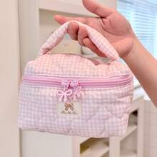 1pc Multi-Color INS Style Versatile Pouch, Plaid & Floral Patchwork Heart Design, Bow Decor Zipper Closure, Casual Foldable Lightweight Carry-On Bag, Cosmetic Organizer, Jewelry Storage Pouch, Multi-Functional Women's Toiletry Bag - Multicolor - View 12