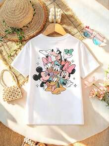 Lady's T-Shirt, Featuring Cartoon Patterns Of Black-Outlined Disney Characters Including Donald Duck, Minnie Mouse, Goofy, Mickey Mouse And Daisy Duck, With The Text "MICKEY & CO Est. 1928". The Fabric Is Soft, Comfortable And Durable. This Is A Summer & Autumn Women's Round-Neck T-Shirt, Perfect For Theme Park Trips And Casual Daily Wear. - trắng - Xem 3