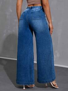 ALO FASHION Pantalones vaqueros de mezclilla lavada de pierna ancha y larga para mujer con bolsillos. Estilo versátil: casual, elegante y bohemio. - azul real - Ver 2