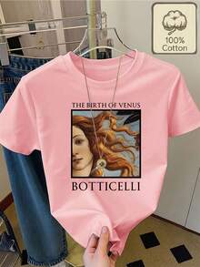 100% Pure Cotton T-Shirt Featuring Botticelli's Masterpiece "The Birth Of Venus", Round Neck, Short Sleeves, Summer Wear, Comfortable And Breathable For Everyday Casual Outfits, Women's Summer Clothing - 羅莎 - 查看 6