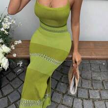 YijiaNvz  Vestido de punto casual con tiras asimétricas, contraste de color, cuentas y espalda descubierta con lazo en la cintura, adecuado para vacaciones - Verde - Ver 1