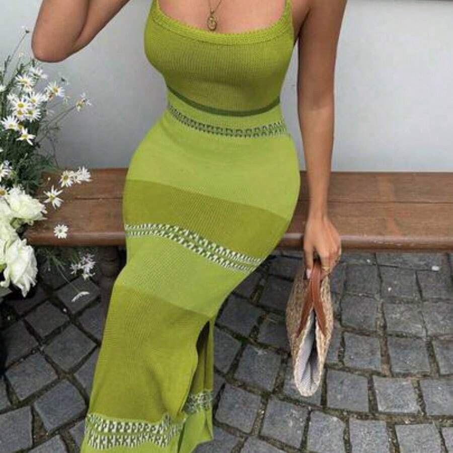 YijiaNvz Vestido de punto casual con tiras asimétricas, contraste de color, cuentas y espalda descubierta con lazo en la cintura, adecuado para vacaciones - Verde - Ver 1