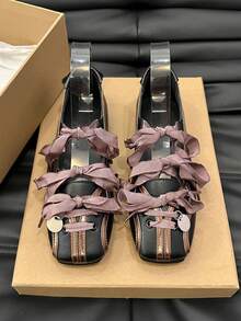 1 Pair Women's Ballet Flats, Mother Shoes, Square Toe, Hollow Breathable, Lace Stripe, Gold & Black Color Block, Fashionable Design, Metal Decor, Daily Wear, Commute & Party, Versatile Popular Women Shoes - Black - View 3