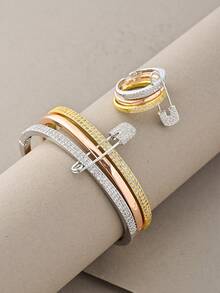 Juego de brazaletes de oro, versátil con textura de oro blanco y cobre incrustado de circonita, adecuado para uso diario, reuniones, citas, fiestas, regalos - Dorado - Ver 4