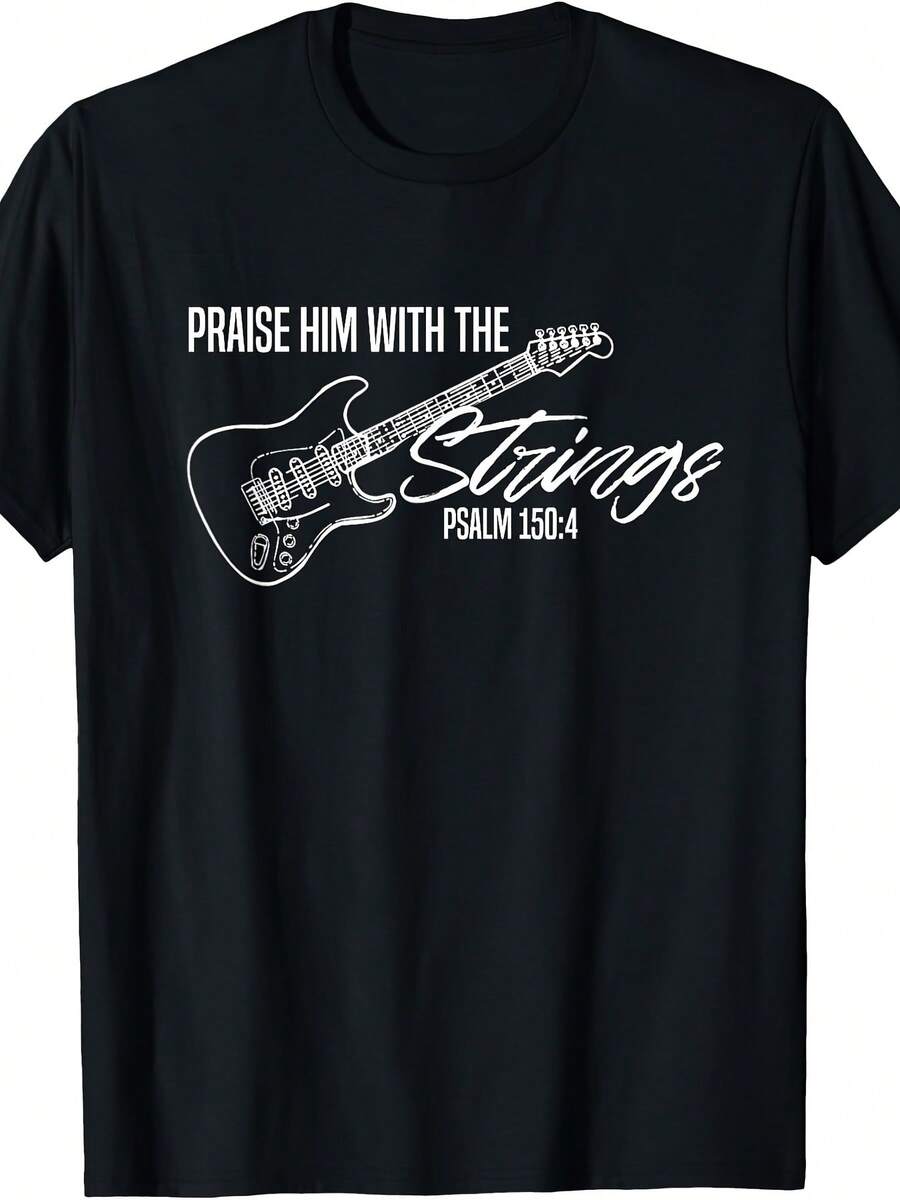Vestibilita.1pac.100%Cotton.Men's Christian Worship T-Shirt With Praise Him String Quartet & Guitar Chord - Suitable For Church, Concerts, Casual Wear, Round Neck Regular Fit Music Ministry Apparel For Male Musicians.Palme Graphics - Black - View 1