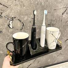 金色大理石浴室配件組，電動牙刷架含2個刷頭杯與金色刷頭托盤，浴室收納架 - 白色金紋手柄杯四件套 - 查看 9