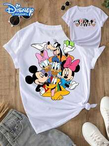 Lady's T-Shirt, Featuring Cartoon Patterns Of Classic Disney Characters Group Including Mickey Mouse, Minnie Mouse, Donald Duck, Daisy Duck, Goofy And Pluto, With Matching Front And Back Prints. The Fabric Is Soft, Comfortable And Durable. This Is A Summer & Autumn Women's Round-Neck T-Shirt, Perfect For Theme Park Trips And Casual Daily Wear. - trắng - Xem 1