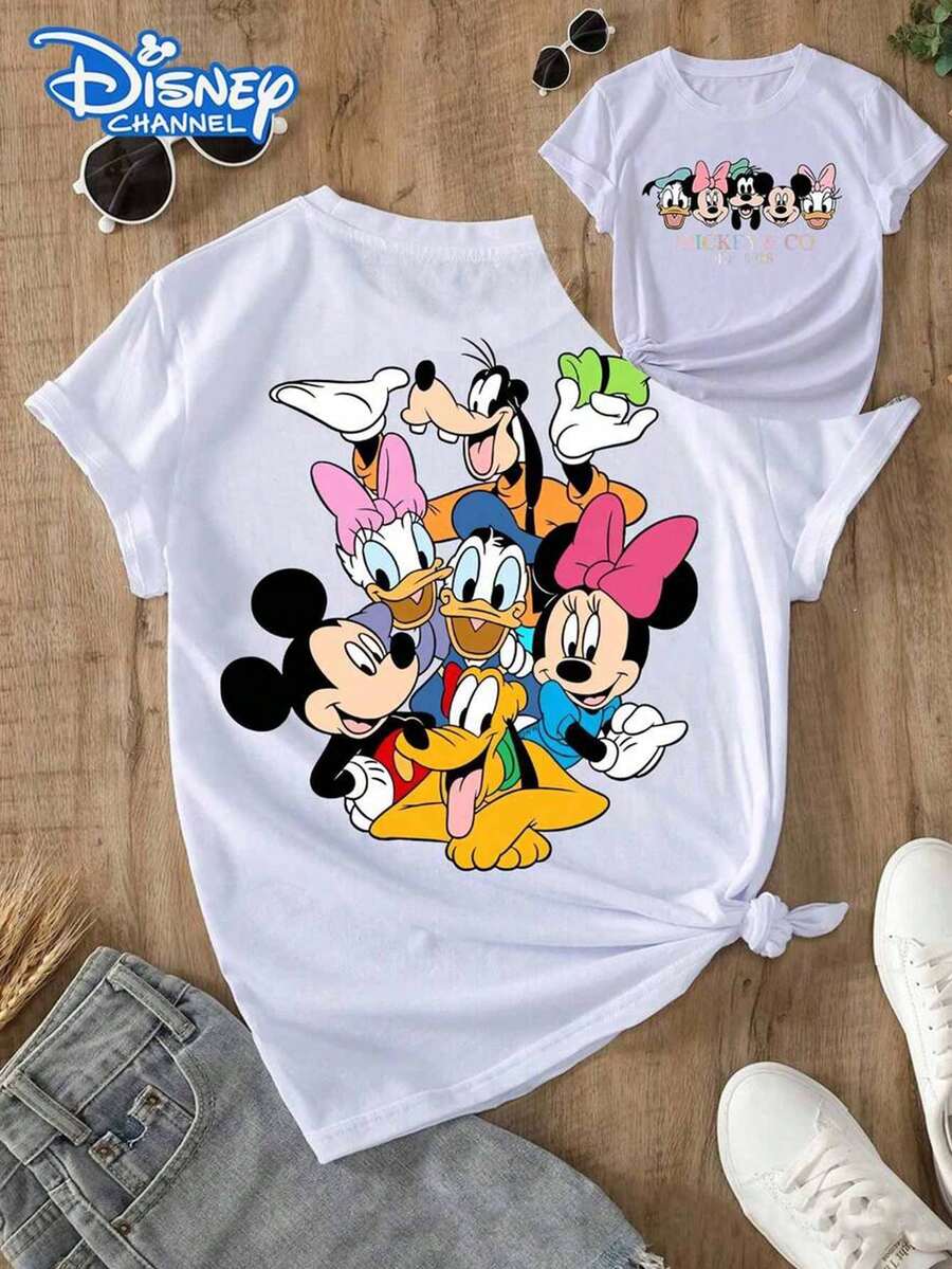 Lady's T-Shirt, Featuring Cartoon Patterns Of Classic Disney Characters Group Including Mickey Mouse, Minnie Mouse, Donald Duck, Daisy Duck, Goofy And Pluto, With Matching Front And Back Prints. The Fabric Is Soft, Comfortable And Durable. This Is A Summer & Autumn Women's Round-Neck T-Shirt, Perfect For Theme Park Trips And Casual Daily Wear. - trắng - Xem 1