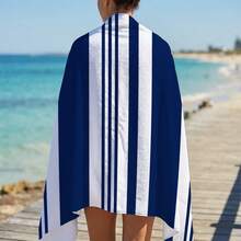 1 pieza Toalla de playa con estampado de rayas azules, adecuada para viajes, campamento al aire libre, playa, natación, vacaciones en la playa - A - Ver 2