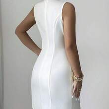 YijiaNvz  Vestido mini elegante de mujer de unicolor con cuello redondo, plisado, bajo con abertura, botones de metal con forma de sol, estrella de mar y concha, sin mangas, para uso casual al aire libre, de vacaciones, adecuado para fiestas, citas, trabajo, negocios. Vestido sin mangas de unicolor para uso diario. Vestido plisado sin mangas con botones de metal para el verano, adecuado para todas las estaciones, temporada de graduación, regreso a clases, Día del Maestro. - Albaricoque - Ver 3