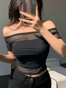 Women's One-Shoulder Sheer Stretch Mesh Blouse, Spring/Summer Off-The-Shoulder Style - 軍綠色 - 查看 7