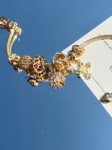 1 pieza Pulsera con colgante de leopardo, pulsera con colgante de cruz luminoso personalizado, pulsera con cuentas de corazón hueco con diamantes, pulsera con colgante de abeja exquisita, pulsera con elemento solar, pulsera con cuentas de agujero grande con diamantes DIY, pulsera personalizable, pulsera para fiesta, pulsera para vacaciones, pulsera para festival de música callejera, pulsera para boda, pulsera de compromiso, pulsera versátil para uso diario - Amarillo Oro - Ver 4
