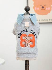 PETCIRCLE 1件宠物服装，狗/猫户外/室内服装，舒适连帽衫系列，小型犬/幼犬，秋/春季，灰色小熊学院风卫衣 - 彩色 - View 8