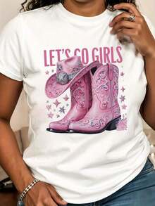Camiseta de estilo vaquero occidental para mujer, ideal para vacaciones de verano, con estampado de botas rosas y "Let's Go", manga corta, cuello redondo, top casual.Transpirable, adecuado para festivales de música country.Lavable a máquina, cómoda para todas las estaciones, diseño occidental, 100% algodón, camiseta con estampado divertido. - Blanco - Ver 5
