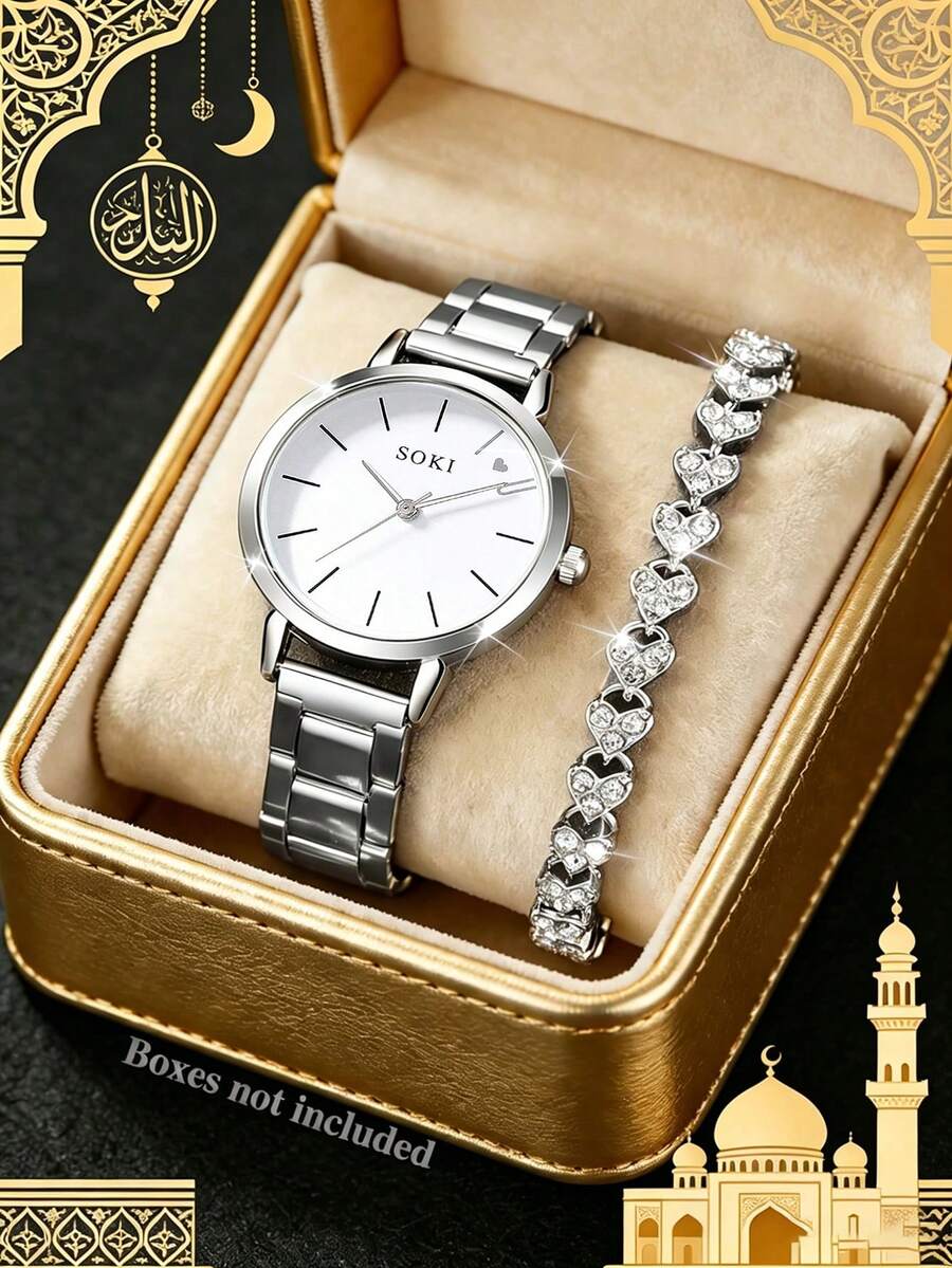 SOKI Fashionable Silver Quartz Watch And Gold Heart-Shaped Rhinestone Bracelet For Teenagers, Alloy Case And Band, Non-Rechargeable Battery, Suitable As Back To School Gift, Multi-Function, Adjustable Band Size - Silver - View 1