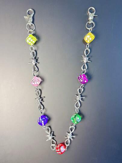 1pc Dice Waist Chain, Fashionable Single-Layer Polyacrylonitrile Dice Pant Chain, Multifunctional Body Chain Shiny Fashion Pant Chain, Handmade Rainbow Glass Bead Decor Chain, Suitable For Men And Women Daily And Holiday Accessories Gifts, Random Color
