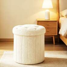 Plush Storage Ottoman Stool With Hidden Storage – Foldable Round Footstool Seat For Bedroom, Living Room & Entryway – Soft Teddy Fabric Storage Bench (2 Sizes) - White - View 13