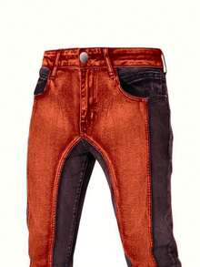 YANGCANREN Men's Casual Versatile Daily Travel Jeans With Pocket, Button And Color Block Design - Redwood - View 4
