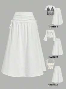 Falda midi con bordado y lazo de estilo retro británico para mujer - Blanco 2 - Ver 1