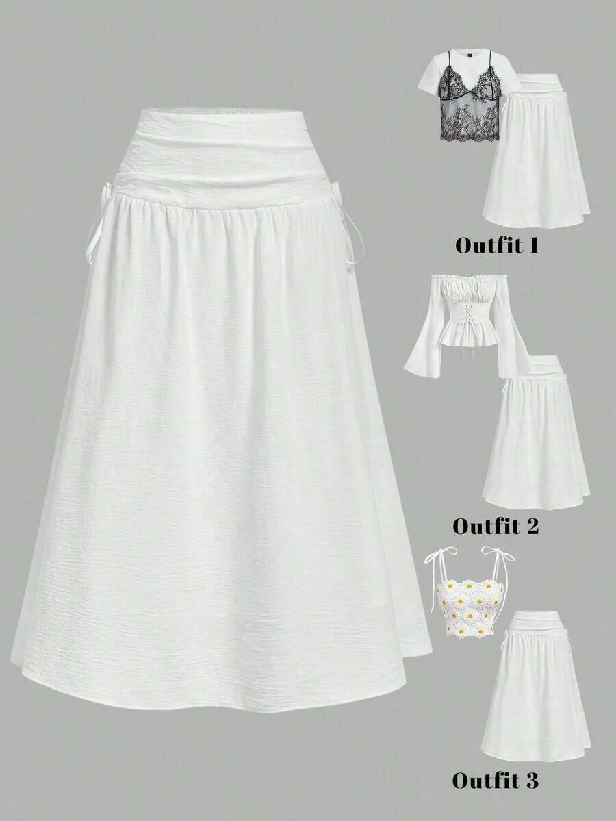 Falda midi con bordado y lazo de estilo retro británico para mujer - Blanco 2 - Ver 1