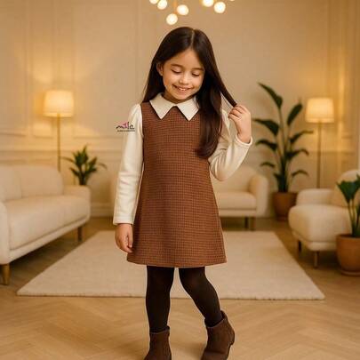Vestido infantil manga longa de menina ,gola blusa menina moda outono inverno 2-10 anos