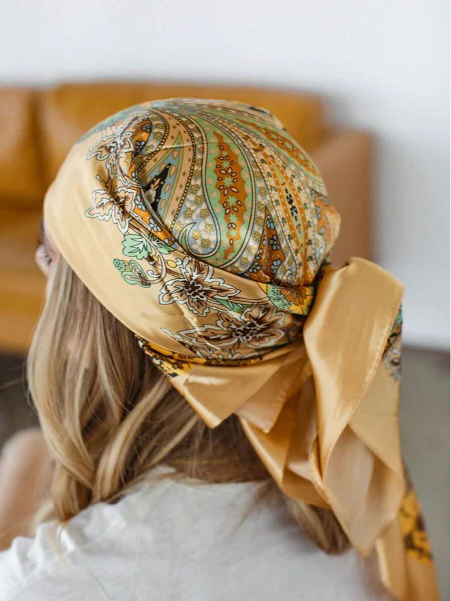 Women's Large Square Satin Scarf 90x90 Elegant Fashion Bandana For Hair And Neck - L5-cáqui claro - 查看 1