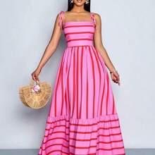Vestido largo de estilo fluido y con rayas, con tirantes y detalles de recogido en el pecho, adecuado para vacaciones, playa, viajes y uso casual, elegante vestido (Floral aleatorio) - Rosa - Ver 8