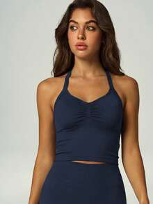 UONNOU Top corto de mujer con cuello halter y fruncido delantero, camisola corta de yoga y entrenamiento sin costuras de alta elasticidad - Azul Marino - Ver 4