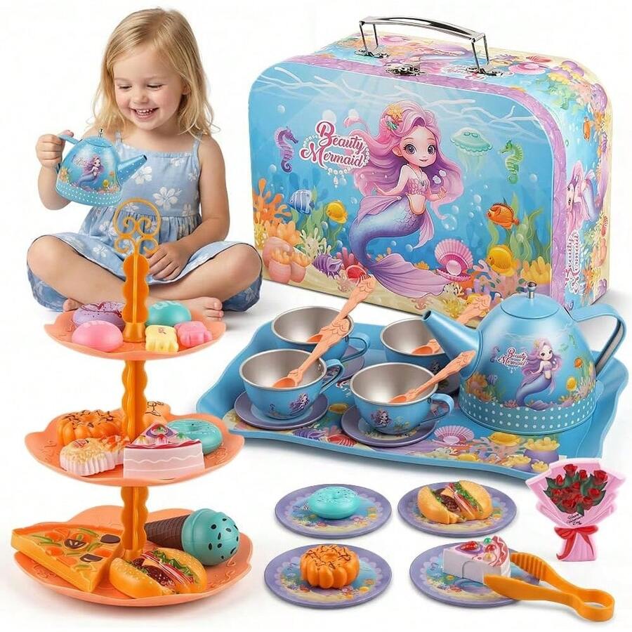 52-Piece Children's Tea Set, Birthday, Christmas, Children's Day Gift, Includes Dessert, Tea Set, Tableware And Carrying Case (Red) - Blue-m - View 1