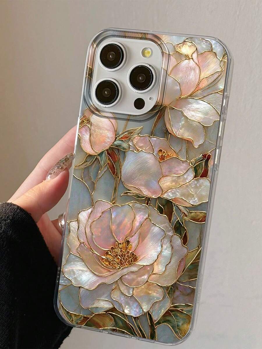Gradient 2D Printed Shell Pearl Peony Pattern Transparent Mesh Back Film Phone Case, Luxury Enamel Floral Atmosphere Shockproof Protective Cover, Compatible With IPhone 13/11/17/17 Pro/16/14/15/15 Pro/15 Plus/15 Pro Max/7 Plus/8 Plus/X/XS Max/XR/11 Pro/12 Pro/13 Pro/14 Pro/12 Mini/13 Mini/11 Pro Max - Multicolor - View 1