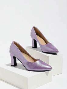 Women's Spring/Autumn Pointed Toe Chunky Heel Fashion Work Commute Versatile Patchwork Comfortable Pumps High Heel Shoes - Purple - View 6