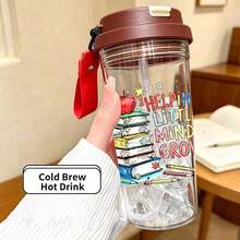 1/5pcs 500ml Plastic Teacher-Themed Cup With Straw, Strap And Leak-Proof Lid, Featuring "Help Kids Grow" Text, Book Stack And Apple Graphics, Transparent Iced Coffee Cup, Ideal For Daily Use, Great Teacher's Day Gift For Educators - Multicolored - Piled-up Books - View 16
