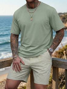 Men's Summer Round Neck Casual T-Shirt And Shorts Set - Mint Green - View 1