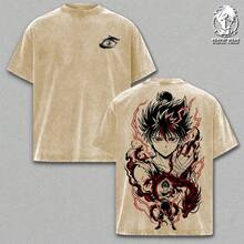 Hiei – YuYu Hakusho Oversized Anime Graphic T-Shirt, Thick Cotton T-Shirt With Acid Wash Effect, Vintage Manga Streetwear, Unisex Casual Wear, Anime Merchandise, Gift For Anime Fans - 杏色 - 查看 8