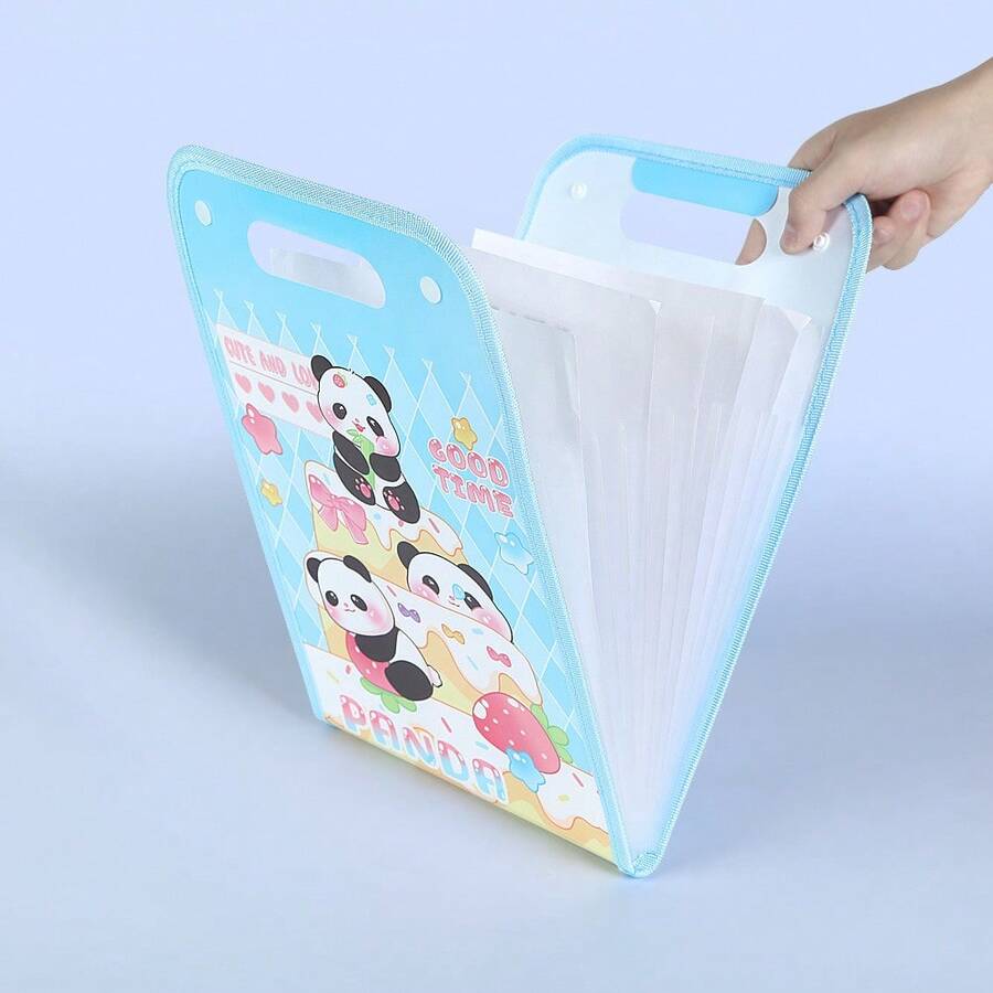 1pc Vertical Cartoon Panda File Folder, 13-Layer High Capacity, Fashionable A4 Accordion File Organizer, Minimalist & Cute Storage Bag, Double Buckle Design, Water-Resistant, Student Subject Divider, Translucent Storage Pouch, Multi-Layer Expandable - A - View 1