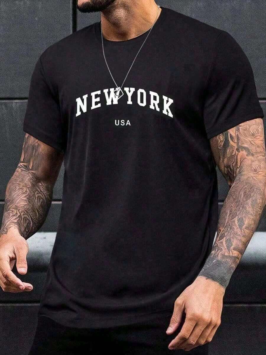 Manfinity Homme Men's Plus Size New York Letter Print Short Sleeve Casual T-Shirt, Round Neck, Going Out, Black T-Shirt - 黑色 - 查看 1