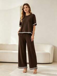 Women's Tracksuit Set With Striped Details - Comfortable Style - 咖啡棕 - 查看 1
