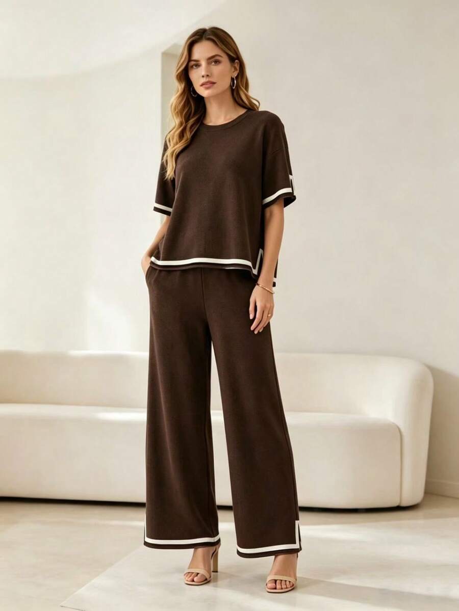 Women's Tracksuit Set With Striped Details - Comfortable Style - 咖啡棕 - 查看 1