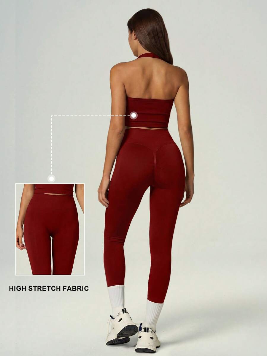 UONNOU Set Pakaian Olahraga Wanita Model Halter Neck, V-Neck, dengan Detail Kerut di Bagian Depan & Legging Pengencang Perut Pinggang Tinggi, Bahan Peach, Elastisitas Tinggi dan Sangat Lembut - Merah - View 1