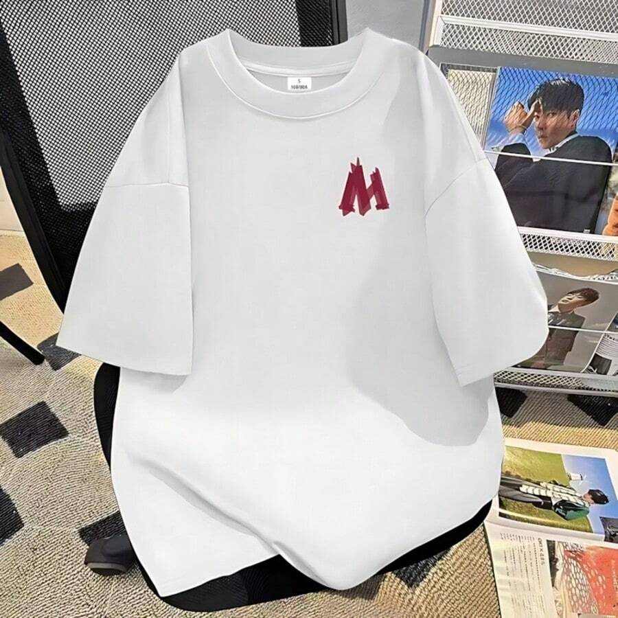 Camiseta unisex de manga corta con estampado minimalista de letras, para todas las estaciones, en blanco y negro, versátil. - Blanco - Ver 1