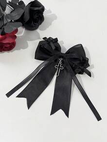 1pc Gothic Cross Decor Accessory, Short Ribbon Mesh Bow Hair Clip, Metal Alligator Clip, For Women,Hair Slide - Black - View 5