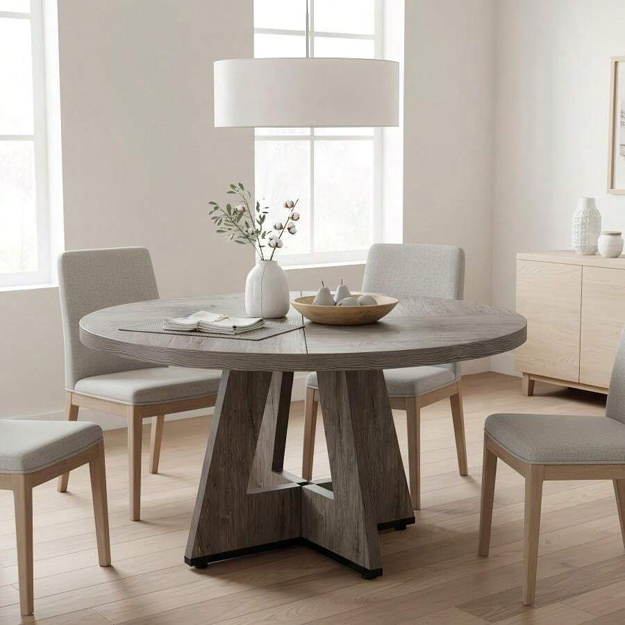 Round Dining Table Suitable For 4 People - 119.38 Cm Retro Base & Engineered Wood Tabletop, Multi-Functional Kitchen Table For Dining Room, Conference Desk, Office Desk, Space-Saving For Small Homes, Assembly - Grey - View 1