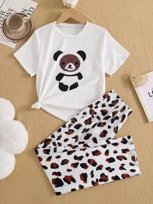 Cute Girls Spring/Summer White Teddy Bear Print Crew Neck Short Sleeve Top + Leopard Print Leggings 2 Pieces Pajama Set, Suitable For Daily Home Leisure - White - View 1