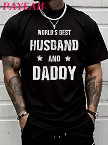 Camiseta de hombre con cuello redondo, camiseta "El mejor esposo y padre del mundo" - Día del Padre (pieza única) 100% algodón, 180g, camiseta de algodón pesado con estampado. - Negro - Ver 1