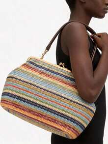 Fashion Large Striped Clip Shell Shoulder Bag For Women Designer PP Straw Handbags Luxury Casual Summer Beach Woven Clutch Bags For Vacation - 豐富多彩的 - 查看 2