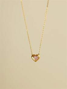 TONSI 1pc 18K Gold Plated Stainless Steel Heart Pendant Necklace, Low Allergy Zirconia Inlaid Choker Necklace, Suitable For Women's Daily, Commute, Holiday, Party Wear, Gift For Friends, Colleagues, Lovers, Valentine's Day - Gold - View 5
