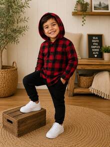 Long-Sleeved Flannel Plaid Shirt - Áo sơ mi có mũ kẻ caro đỏ - Xem 2